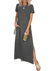 ANRABESS - Vestido largo casual de verano para mujer, manga corta, cuello redondo, dividido, sin arrugas, para viajes, playa, día festivo - Verde bosque - Ver 22