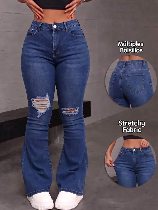 Pantalones acampanados de mezclilla lavados con roturas, cintura media, ajustados y elásticos