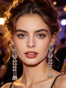 Bohemian Style Long Bell Tassel Pendant Earrings, Vintage Silver Rhinestone Floral Jhumka Earrings For Evening Party Wear - Tassel Style - View 4