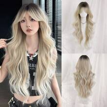 NAMM 28-Inch Extra Long Wavy Light Golden Wig For WomenWith Curtain Bangs Dark Roots, Synthetic Fiber Hair Full Machine Costume Hair Wigs For Cosplay Decoration Music Festival Dance Party Street Wear Use-Beginners Glueless Wig Accessories - Gold - View 12