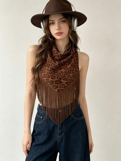 1pc Vintage Brown Leopard Print Tassel Triangle Scarf Shawl, Y2K Western Style Strapless Square Scarf Wrap Top, Retro Denim Style Sleeveless Cropped Bustier, Suitable For Nightclub And Streetwear