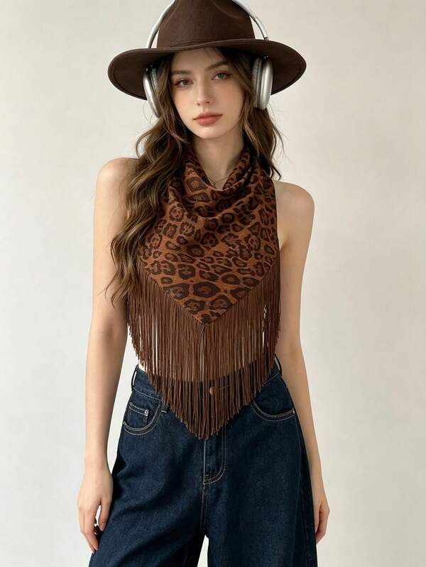 1 pieza Pañuelo triangular vintage con estampado de leopardo marrón y borlas, top envolvente cuadrado sin tirantes estilo western Y2K, bustier corto sin mangas estilo denim retro, adecuado para discoteca y ropa de calle