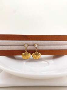 1 Pair Stainless Steel Waterproof Fade-Resistant Single Diamond Stud Shell Pendant Earrings Suitable For Women's Daily Wear - Gold - View 3