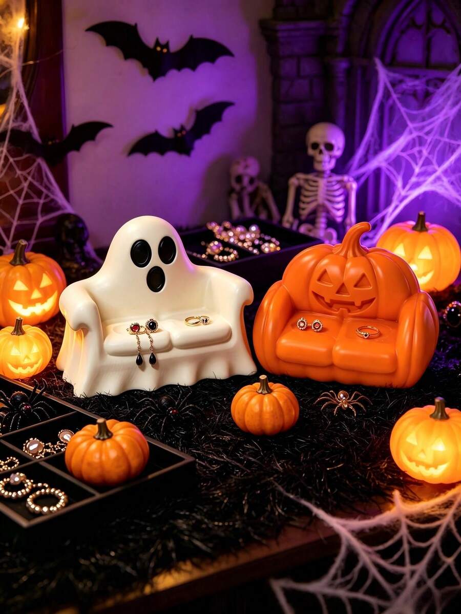 1pc Halloween 3D Printed Ghost Sofa & Pumpkin Sofa Jewelry Storage Tray, Festive Atmosphere, Halloween Theme Sofa Decor, Suitable For Halloween And Christmas Home Decoration - Multicolor - View 1