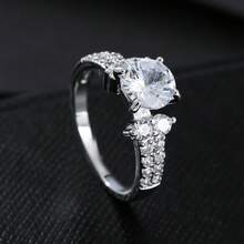 1件女款銀色圓形主石水鑽戒指，奢華閃耀裝飾戒圈，適合日常配戴、約會與派對的多功能珠寶 - 銀色 - 查看 2