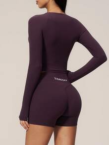 TimeOff Women's One Set Solid Color Criss-Cross Deep V-Neck Cropped Waist Long Sleeve Slim Fit Shorts Sports Set - Purple - View 3