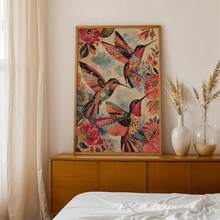 1/PC Hummingbird Flower Mural Printing Poster - Retro Color Bohemian Collage Mural, Elegant And Noble Frameless Decorative Paintings For Modern Living Rooms And Bedrooms - 1PC - View 3