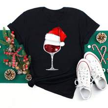 Feliz Navidad Árbol de Navidad Papá Noel Camiseta de Manga Corta de Moda para Mujer Talla Grande con Estampado de Dibujos Animados - Negro - Ver 11