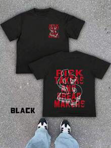 Camiseta americana de algodón de manga corta estilo Y2K con estampado gráfico rojo a doble cara.Estilo retro deportivo para parejas, ideal para el verano. - Negro - Ver 1