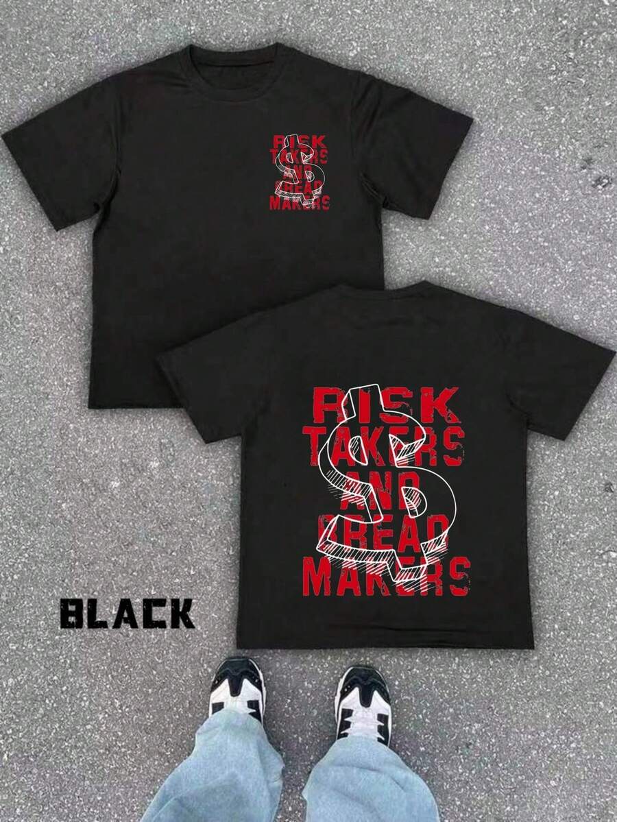 Camiseta americana de algodón de manga corta estilo Y2K con estampado gráfico rojo a doble cara.Estilo retro deportivo para parejas, ideal para el verano. - Negro - Ver 1