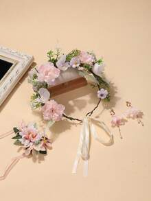 1套 1個花冠 + 1條手鍊 + 1對耳環 森系人造花新娘婚禮季節波希米亞風美學花冠手鍊耳環套裝 - 花環+手 環+耳環 - 查看 4