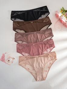 5pcs Women's Lip Mesh Jacquard Patchwork Comfortable Plus Size Triangle Panties - Multicolor - View 3