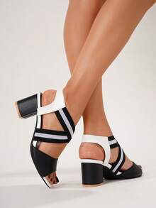 Ladies' Peep-Toe Cross Elastic Band Chunky Heeled Sandals, Casual Black & White Pu Upper Platform Heels,Spring Summer Outfits - Black and White - View 8