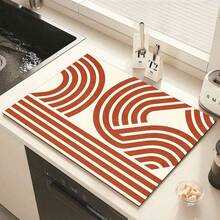 1pc 2D Red Line Bohemian Kitchen Countertop Mat, Diatomaceous Earth Material, Highly Absorbent, Suitable For Tableware, Coffee Machine, Microwave, Etc. Fashionable Watercolor Design, Ideal Choice For Modern Kitchen. - Multicolor - View 2