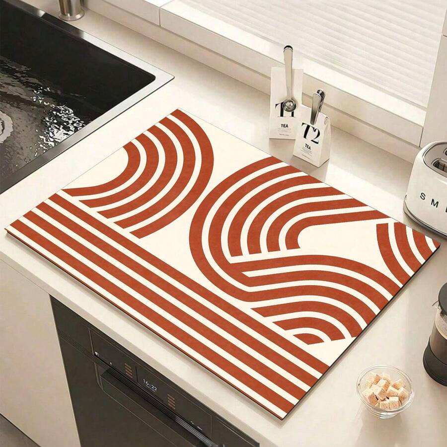 1pc 2D Red Line Bohemian Kitchen Countertop Mat, Diatomaceous Earth Material, Highly Absorbent, Suitable For Tableware, Coffee Machine, Microwave, Etc. Fashionable Watercolor Design, Ideal Choice For Modern Kitchen.