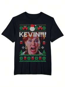 Camiseta divertida y fea de Navidad de Kevin - KEVIN!!Camiseta con patrón de gorro de Navidad y copo de nieve - Camiseta unisex de cuello redondo - Ropa casual de fiesta para toda temporada - Negro - Ver 7