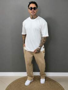 Men's Oversized Baggy Straight Leg Sweatpants With Fleece Lining - Beige - View 8
