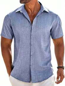 Camisas Hombre Casuales Manga Corta - con Botones Ocultos Tejido Fresco Y Transpirable para Playa Uso Diario Vacaciones Reuniones Ocio - azul claro - Ver 11