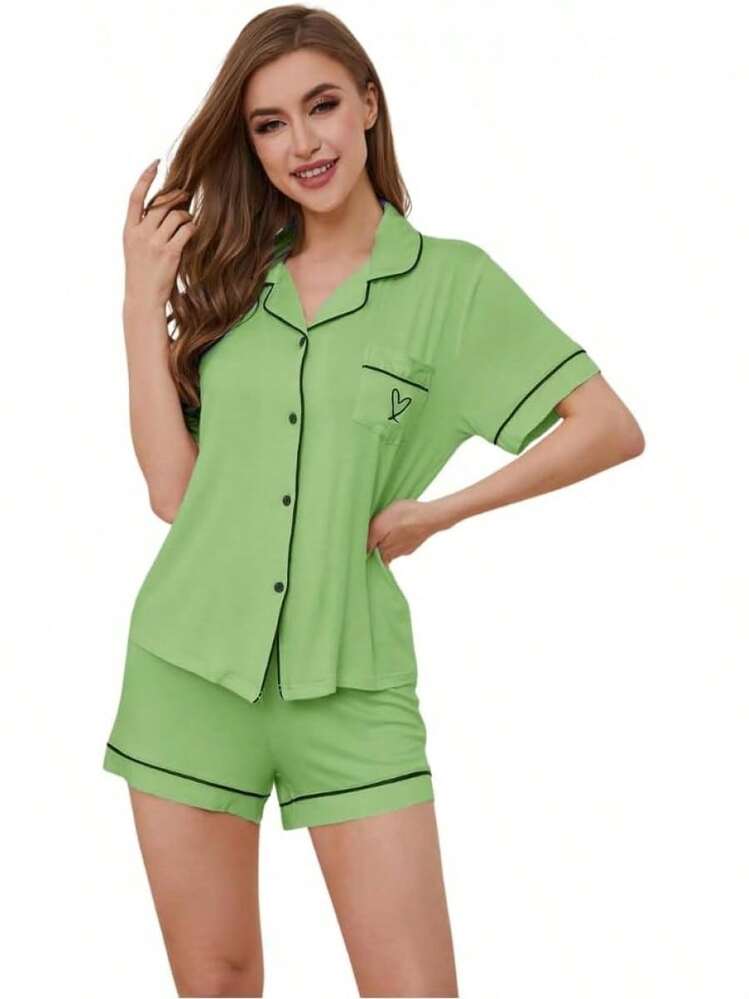 Conjunto de pijama para mujer, cuello con solapa, manga corta, top con bolsillo en el pecho y pantalones cortos con cintura elástica, 2 piezas, ropa de dormir para mujer. - RQ02-Negro - Añade 13
