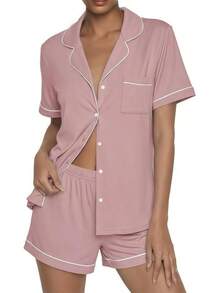 - Conjunto de pijama de verano con botones, 2 piezas, de manga corta, para dormir, S-XXL - Negro con elefante - Ver 13