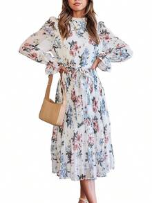 ANRABESS - Vestido midi floral para mujer, manga larga, con volantes, de gasa, acampanado, plisado, con cinturón, vestido de fiesta para té - Rosa nariz roja - Ver 15