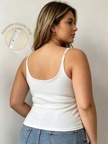 Women Plus Size Sling Camisole With Integrated Bra Pads, Adjustable Thin Shoulder Straps Stretchy Ribbed Basic Layering Tank Top Daily Outfit - White - View 2