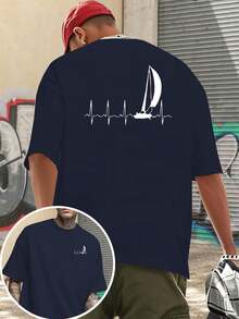 Camiseta de manga corta para hombre con estampado de doble cara, diseño de corazón náutico y línea de latidos del corazón, estilo marinero. - Negro - Ver 7
