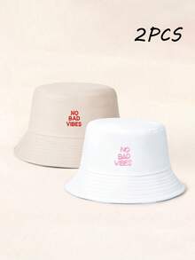 2件組中性刺繡字母 NO BAD VIBES 防曬透氣新款百搭漁夫帽，適合戶外休閒遮陽穿戴 - 白色+米色 - 查看 3