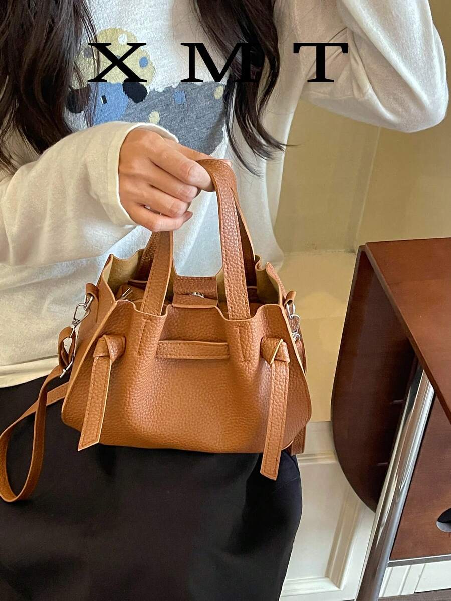 女款新款純色PU時尚托特包,多功能斜挎包附小零錢包水桶包 - 棕色 - 查看 1