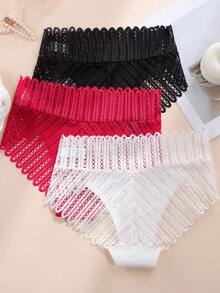 Aofeiqike 3 Peças/Pacote Calcinhas de Cintura Média Multicoloridas Semitransparentes com Renda Vazada, Roupa Íntima Casual Feminina Amigável à Pele - Multicolorido - Visão 3