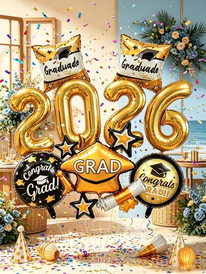 11 pièces Ensemble de ballons en feuille d'or pour la remise des diplômes 2026, comprenant des ballons numérotés en or, des ballons en forme de toque de graduation, des ballons en forme d'étoiles sur le thème de la remise des diplômes et des ballons ronds "Félicitations diplômé(e)". Convient pour la fête de remise des diplômes, l'appréciation des enseignants, la cérémonie de remise des diplômes, le voyage de remise des diplômes, la décoration thématique de restaurant/hôtel pour la remise des diplômes, la séance photo de voyage de remise des diplômes