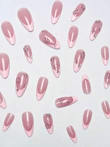 24 piezas de pegatinas de arte de uñas con forma de almendra y borde francés rosa simple, uñas postizas de presión con flores rosas 3D y adornos de strass, ¡ajuste perfecto para hacer que tus dedos brillen! El set de arte de uñas incluye pegamento de gelatina y lima de uñas, adecuado para mujeres y niñas, citas, vacaciones, fiestas y otras ocasiones. - Multicolor - Ver 3