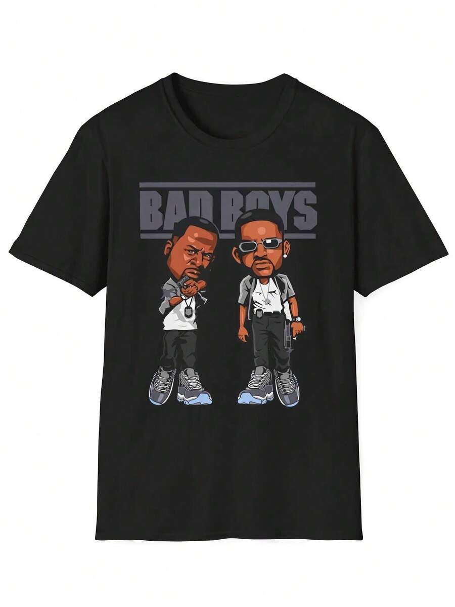 Camiseta Unisex Divertida de Chicos Malos |   Cuello redondo informal, tela ligeramente elástica, corte regular, diseño geométrico, perfecto para hombres, mercancía para todas las estaciones - Negro - Ver 1