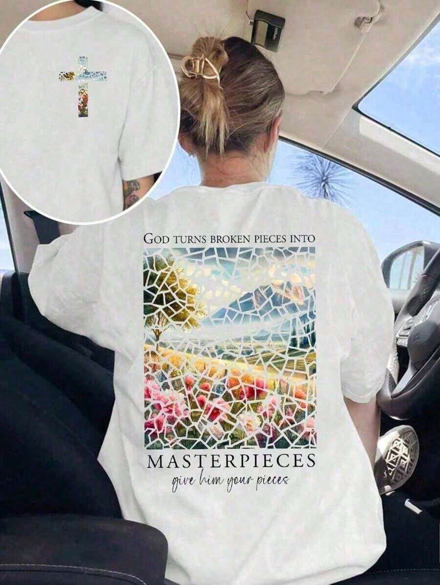 1 pieza: Dios convirtió piezas fragmentadas en obras maestras, camiseta de color de fe cristiana, suéter deportivo religioso, top con estampado de versículos bíblicos para mujer, cómodo y ho - Blanco - Ver 1