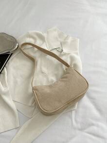 Minimalist Light Gray Corduroy Hobo Underarm Bag, Single Handle Handbag For Women, Soft Accessory For Casual And Office Look - Khaki - View 1