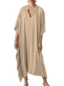 Bsubseach Mujer Vestido de Verano Kaftán para Playa de Seda Cuello en V Manga de Murciélago - Azul pavo real B - Ver 9