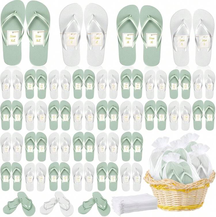 Unittype - 48 pares de chanclas a granel para invitados de boda, hotel, con tarjetas de tamaño y bolsas para boda, playa y piscina - Blanco, verde claro - Añade 2