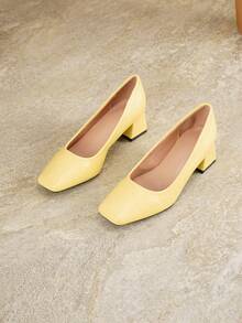 2026 New Yellow Square Toe Chunky Heel 4.5cm Low Vamp Pumps Women's New Minimalist Commuter Mid-Heel Shoes Daily Versatile Low-Top Elegant Formal High Heels - Yellow - View 8