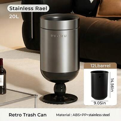 Light Luxury Wine Glass-Shaped Trash Can, 15L/20L, Comes With 60 Trash Bags. Retro-Style Dual-Bin Design, Made Of Stainless Steel And ABS/PP Material. Suitable For Living Room, Also Functions As Home Decoration.