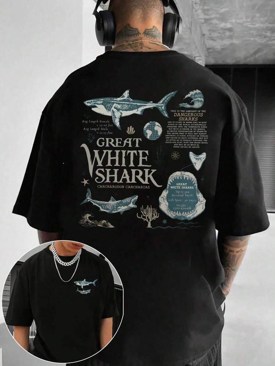 Camiseta de Hombre con Estampado de Pesca, Diseño de Tiburón Blanco, Regalo para Hombre, Regalo para el Día del Padre, Estilo Urbano de Marca, Camiseta Casual de Moda Urbana para Hombre, - Negro - Ver 1