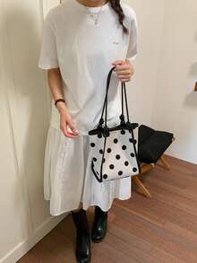女款波點帆布皮革飾邊托特肩背包，適合上班、旅行、休閒（開學季後背包） - 米色 - 查看 3