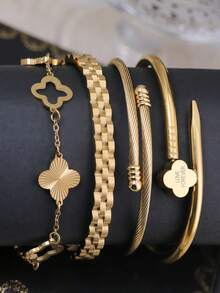 4pcs/Set/3pcs/1pc Gelang Mata Jahat Warna Emas | Set Gelang Mata Biru Enamel & Desain Kabel Terpilin untuk Perhiasan Fashion Kasual/Pesta Sehari-hari - Yellow Gold - View 3