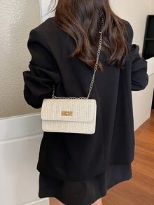 Hevel 新款時尚純色草編迷你單肩包 街頭通勤斜挎包 極簡女款鏈條小方包 - 米色 - 查看 7