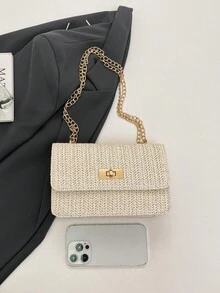 Hevel 新款時尚純色草編迷你單肩包 街頭通勤斜挎包 極簡女款鏈條小方包 - 米色 - 查看 11