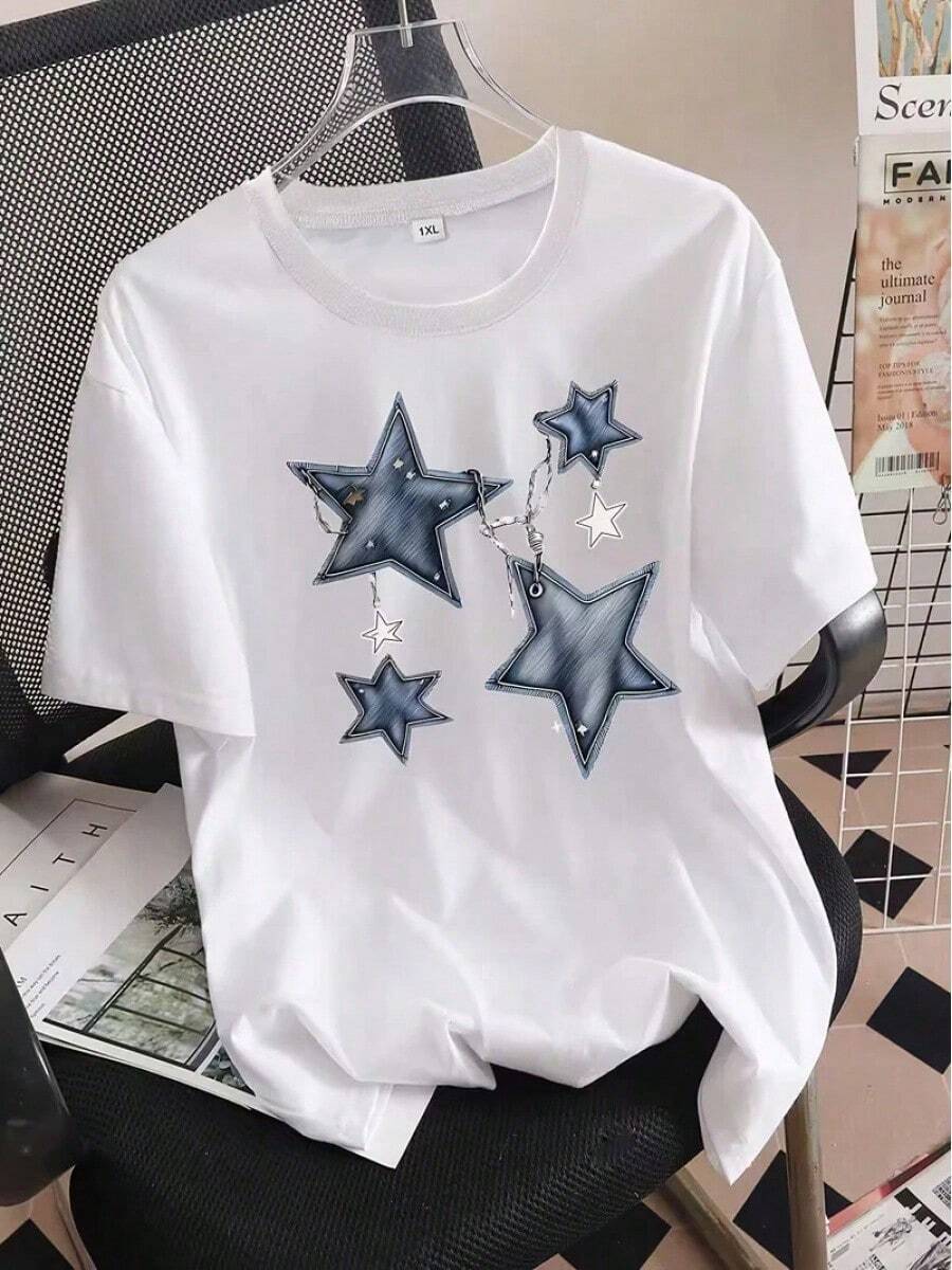 Camiseta de Mujer, Camiseta Gráfica con Estampado de Estrellas en Denim Desgastado, Camiseta Casual de Manga Corta con Cuello Redondo, Top para Uso Diario en Todas las Temporadas HDUU - Negro - Ver 1