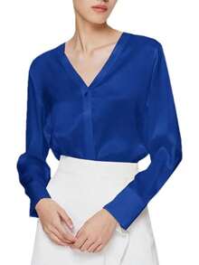 Blusa de manga larga brillante con cuello en V profundo para mujer - Rojo vino - Ver 12