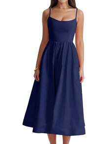 TcIFE Vestido Largo de Tirantes Finos sin Espalda, Sexy y Veraniego para Mujer - Azul marino - Ver 8