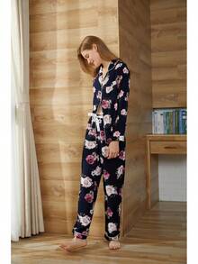 Conjunto de Pijama para Mujer con Cuello Recortado, Estampado Floral, Camisa con Botones y Pantalones Largos, Algodón, 2 Piezas, Ropa de Dormir - Gris - Ver 3