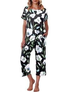 Conjunto de Pijama Capri para Mujer , Ropa de Dormir de Manga Corta, 2 Piezas, Cuello Redondo, Pijama Suave con Bolsillos - Flores marrones, negro - Ver 14