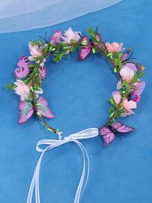 KOVLYNE 1件波希米亞風蝴蝶花冠髮箍，粉色仙女花卉髮環，浪漫節慶與婚禮女性髮飾 - 粉色 - 查看 5
